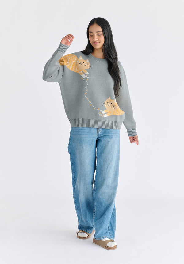 Christmas Jumper With Cat And Fairylights in Grey Front